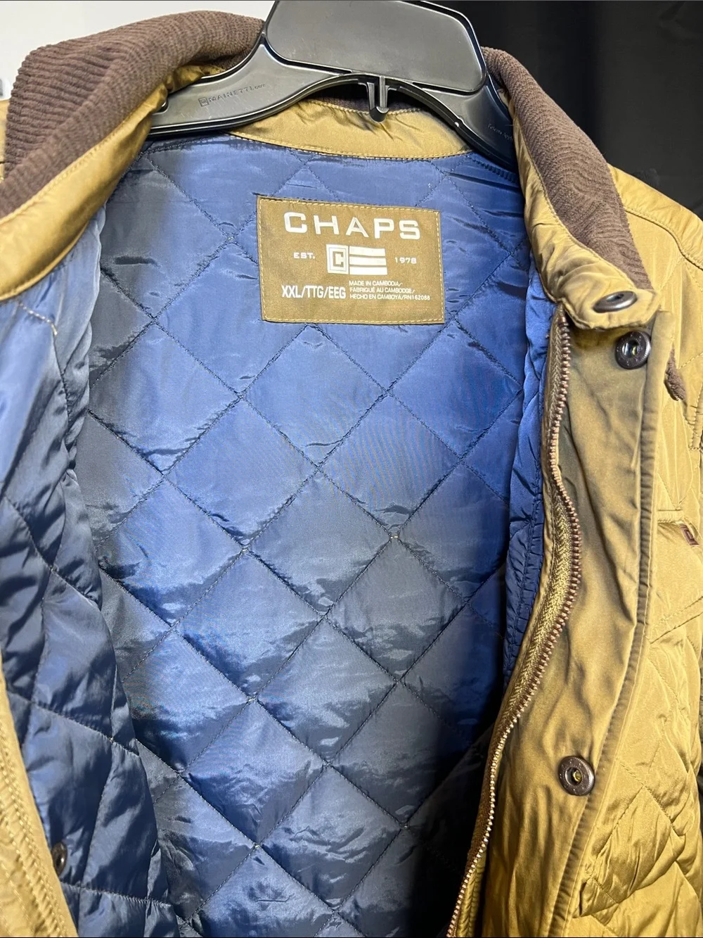 Chaps Quilted Olive Jacket with Brown Corduroy Collar
